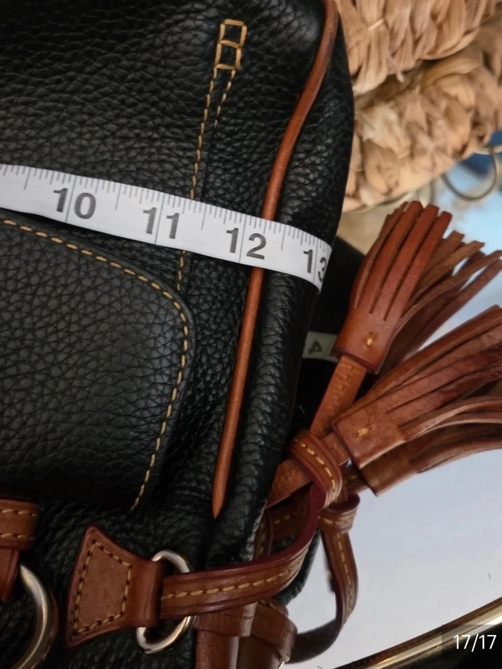 Dooney & Bourke Black Pebbled Leather Tote with Brown Trim